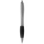 Ballpoint pen with silver barrel and coloured grip 