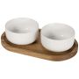 Set of wooden tray and ceramic bowls 