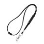 Tubular polyester ribbon lanyard with PVC adjuster, safety breakaway and metal hook.