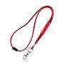 Tubular polyester ribbon lanyard with PVC adjuster, safety breakaway and metal hook.