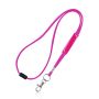Tubular polyester ribbon lanyard with PVC adjuster, safety breakaway and metal hook.