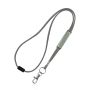 Tubular polyester ribbon lanyard with PVC adjuster, safety breakaway and metal hook.