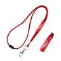 Tubular polyester ribbon lanyard with PVC adjuster, safety breakaway and metal hook.