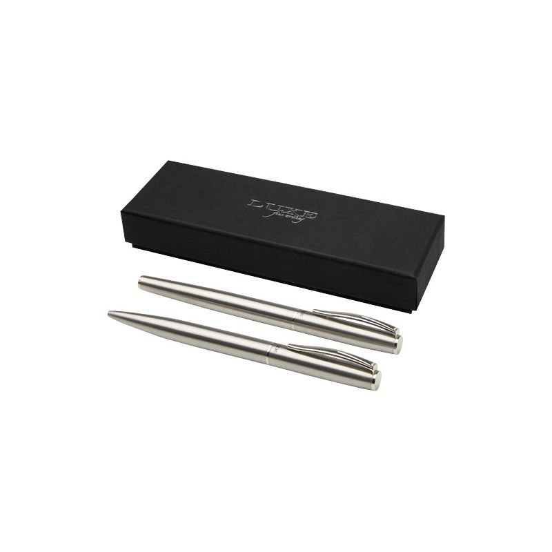Set of ballpoint pen and rollerball pen in recycled stainless steel "Didimis" (black ink)