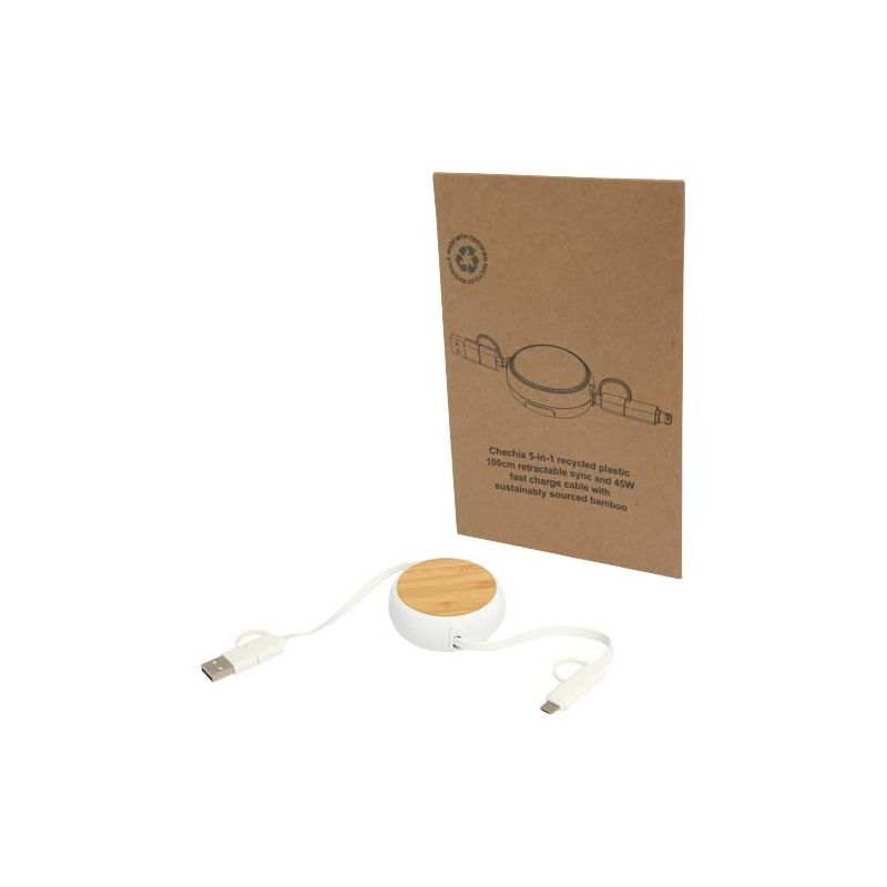 "Chechia" 5-in-1 retractable 100 cm, 45 W fast charging and data sync cable made from recycled plastic with bamboo details