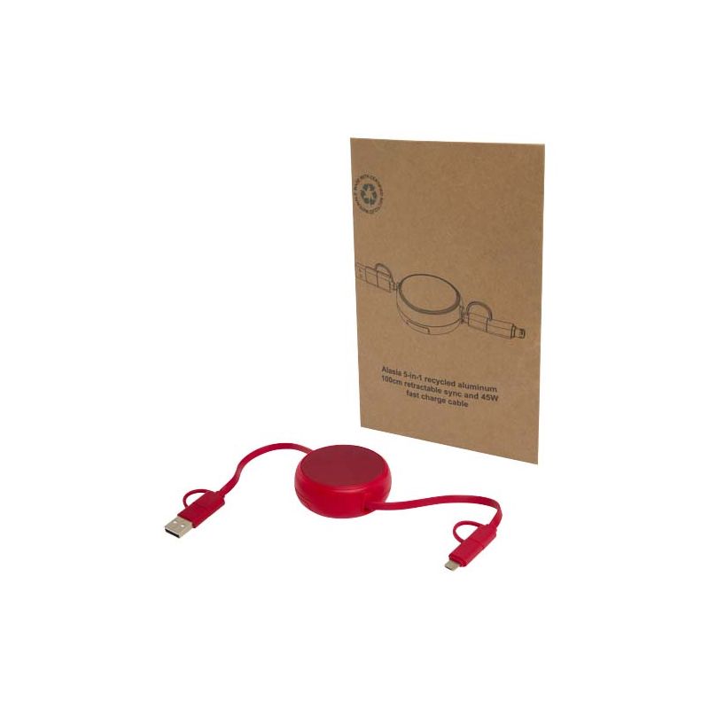 'Alasia' 5-in-1 retractable 100 cm data synchronisation and 45 W fast charging cable, made from recycled plastic and aluminium