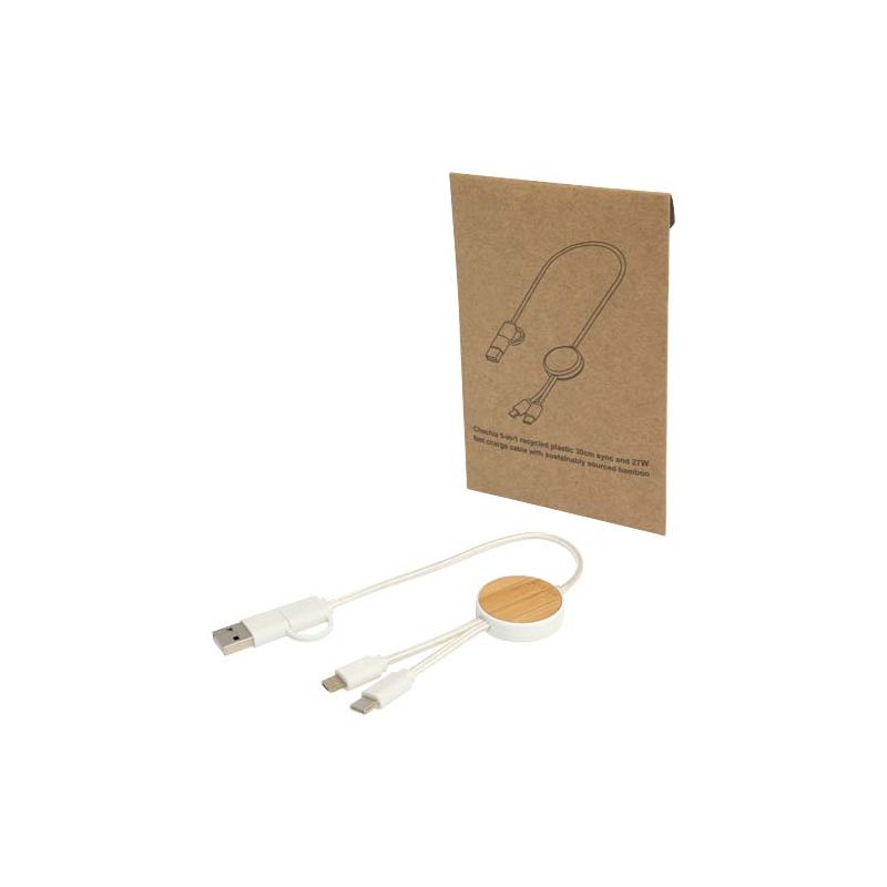 27W 30cm Fast Charging and Data Sync Cable, 5-in-1, made from recycled plastic with bamboo details "Chechia"