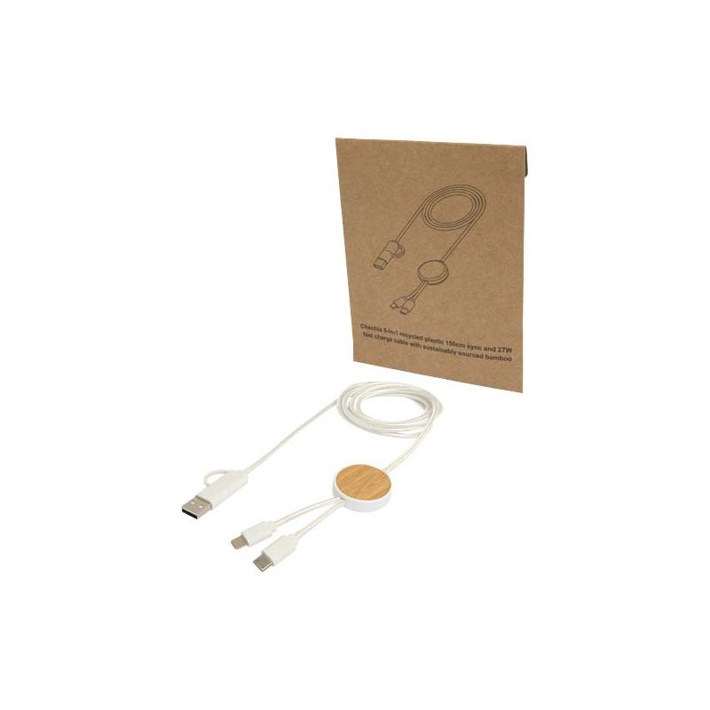 27W 150cm fast charging and data synchronisation cable made from recycled plastic 5-in-1 with bamboo details "Chechia"