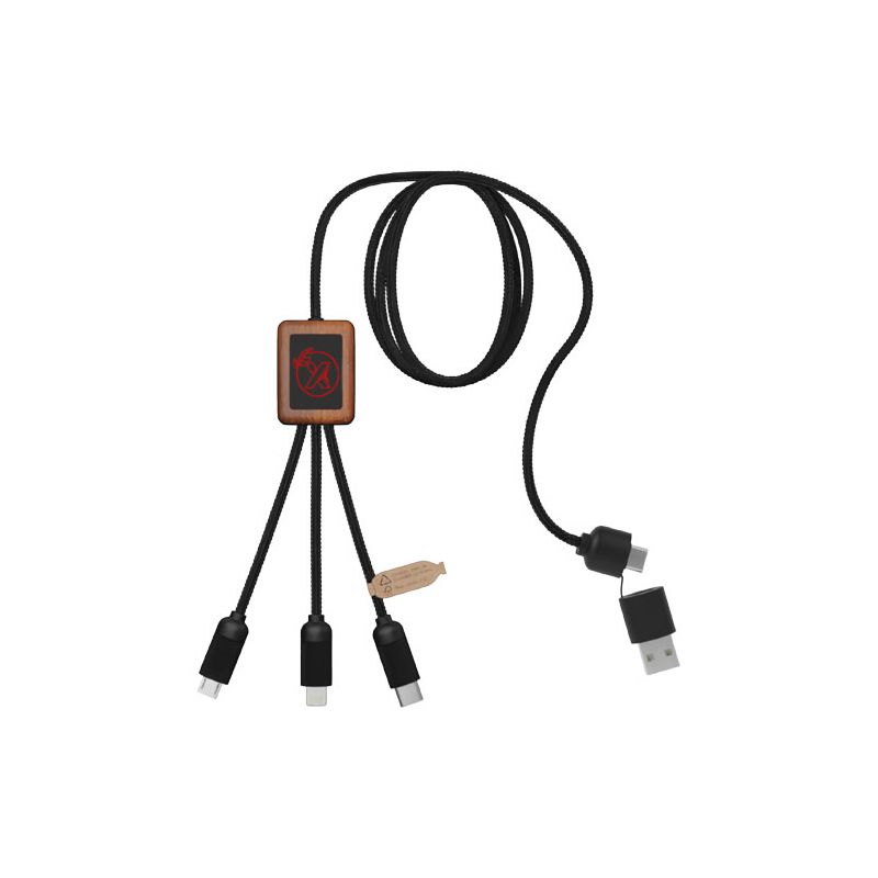 40W luminous logo RPET 5-in-1 charging cable with a square wooden box "SCX.design C38"