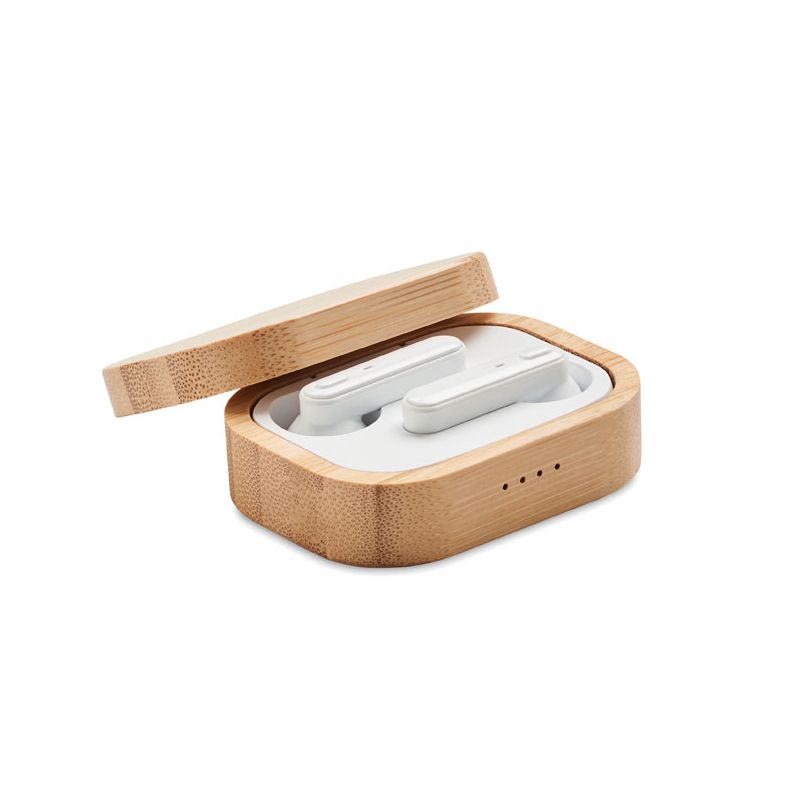 TWS earphones in bamboo case