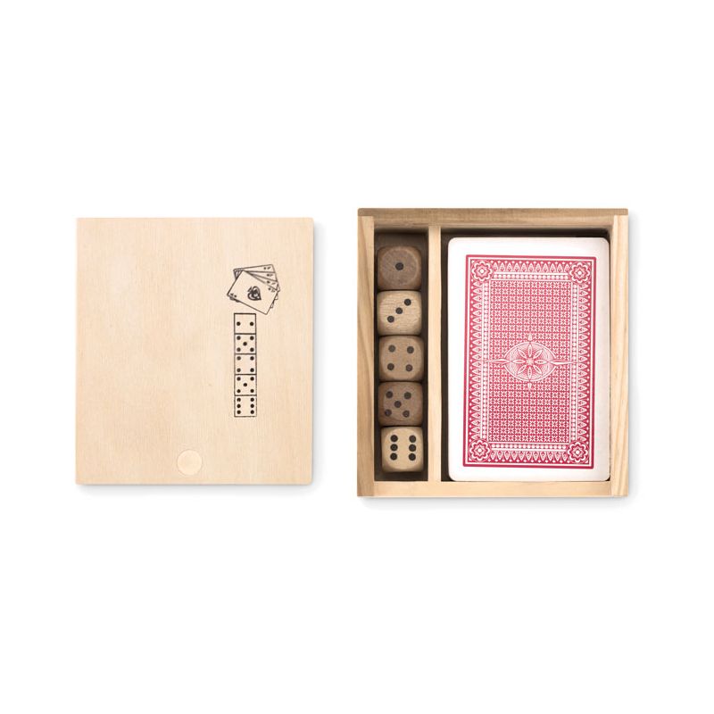 Set of cards and dice in a box