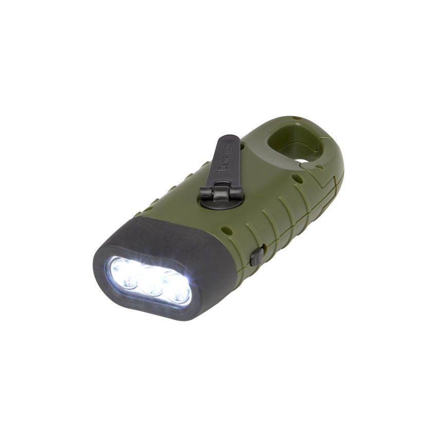 Solar dynamo torch with recycled plastic carabiner 