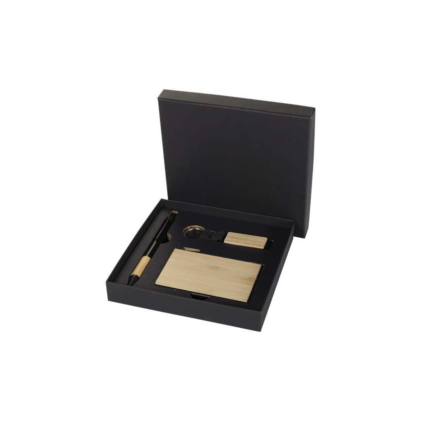 Gift set with RCS recycled aluminium ballpoint pen, keyring, and RFID card holder 