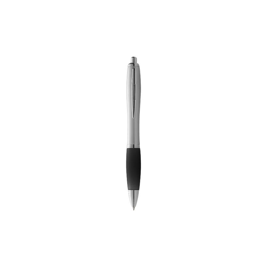 Ballpoint pen with silver barrel and coloured grip 