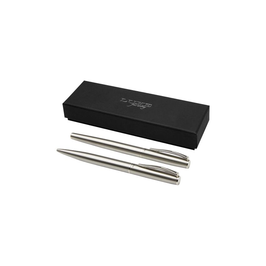 Set of ballpoint pen and rollerball pen in recycled stainless steel