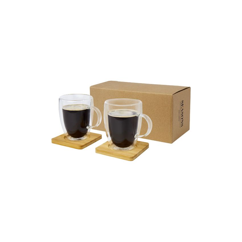 Set of 2 double-walled glass cups 350 ml with bamboo coasters 