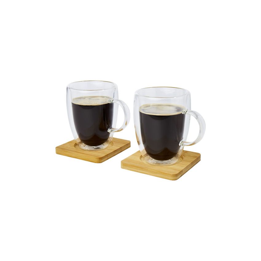 Set of 2 double-walled glass cups 350 ml with bamboo coasters 