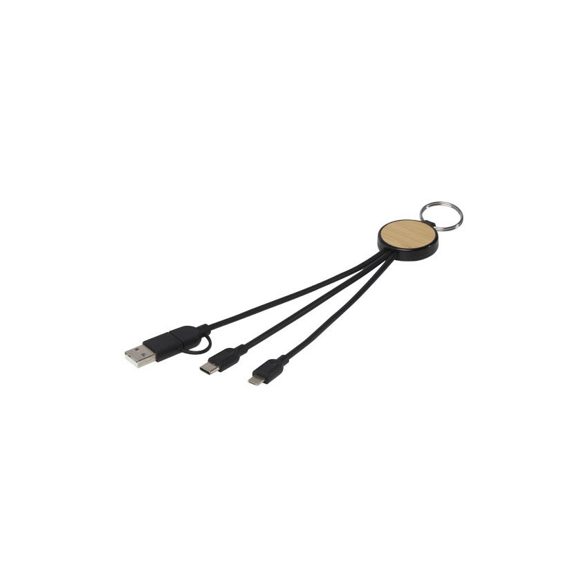 6-in-1 charging cable made from recycled plastic/bamboo with keyring 