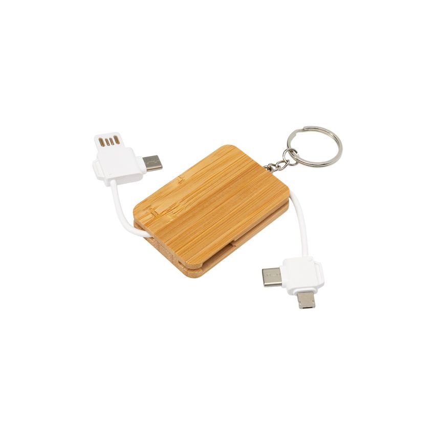 6-in-1 retractable bamboo keyring with charging cable 
