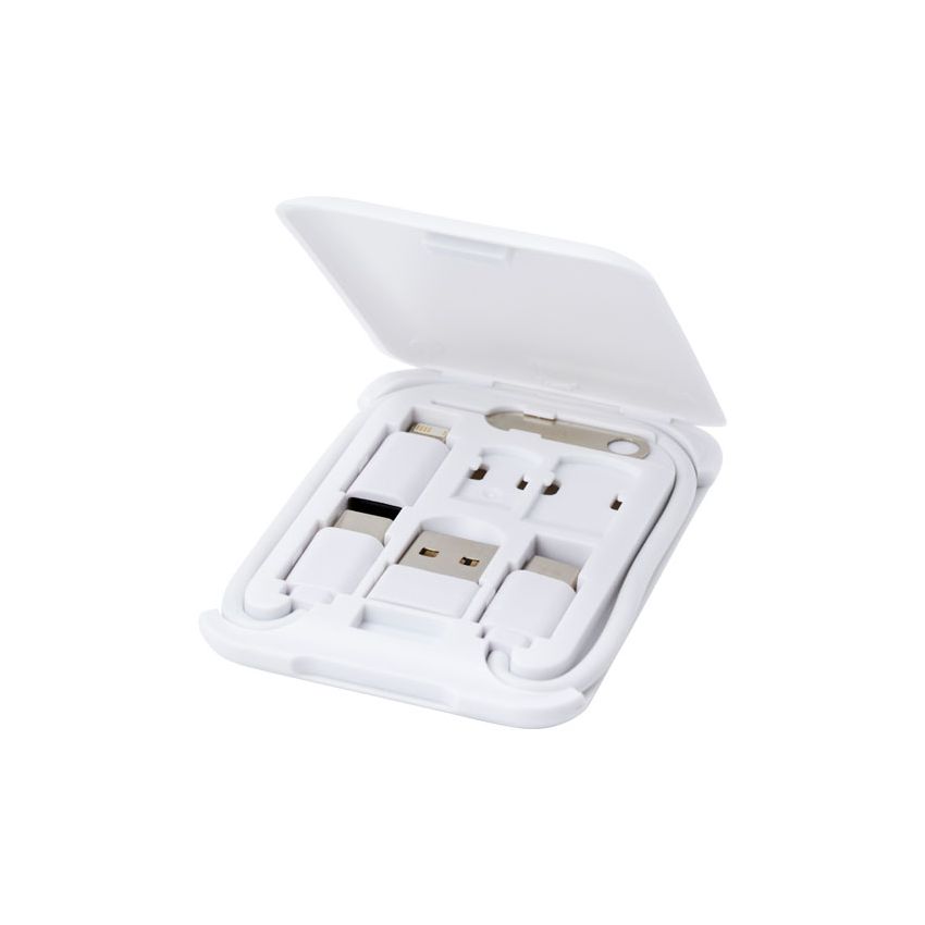 Modular charging cable made from recycled plastic with smartphone stand 
