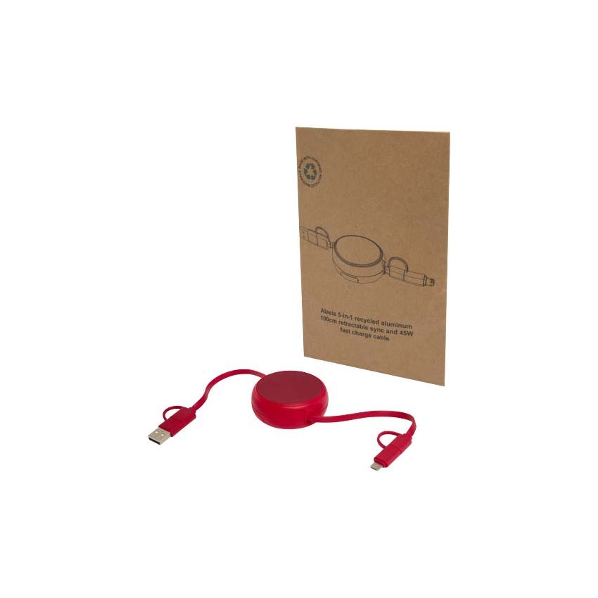 'Alasia' 5-in-1 retractable 100 cm data synchronisation and 45 W fast charging cable, made from recycled plastic and aluminium