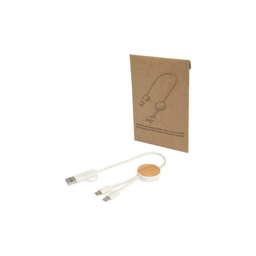 27W 30cm Fast Charging and Data Sync Cable, 5-in-1, made from recycled plastic with bamboo details 