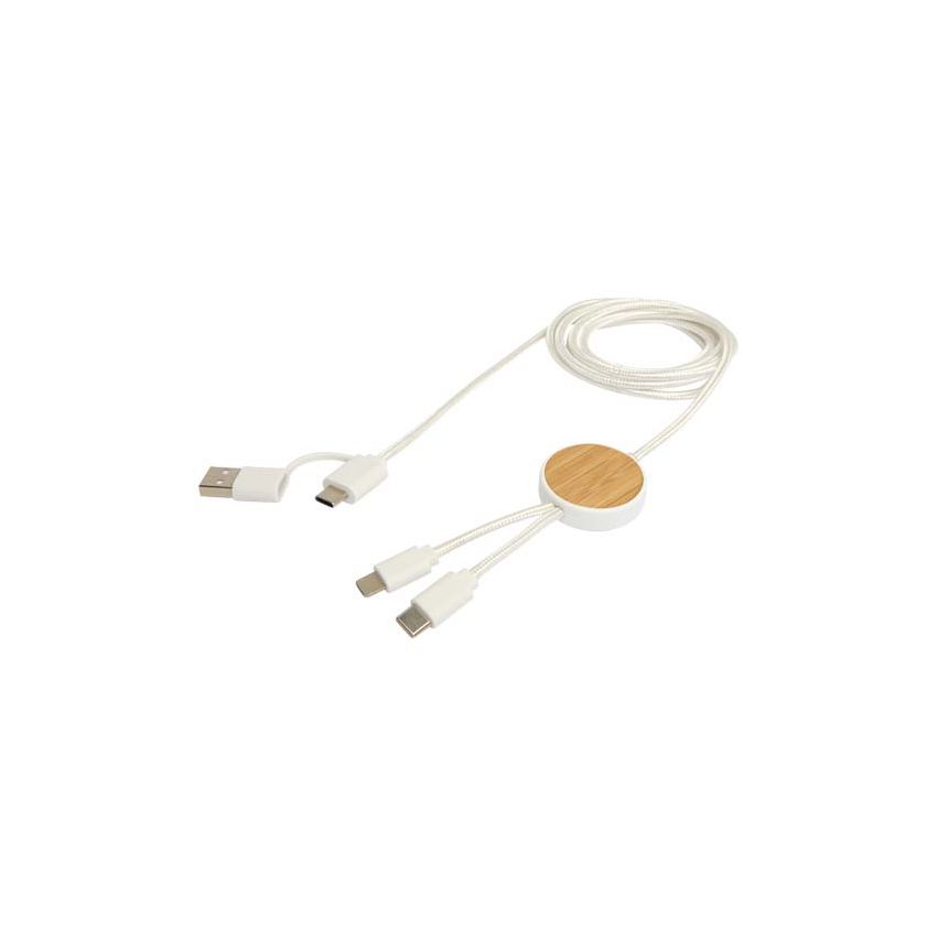 27W 150cm fast charging and data synchronisation cable made from recycled plastic 5-in-1 with bamboo details 