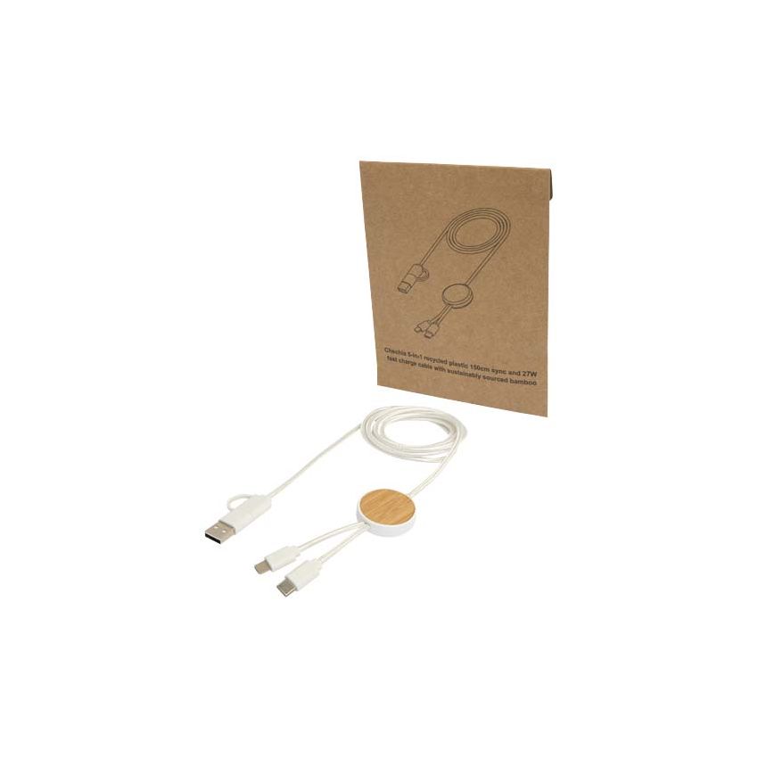 27W 150cm fast charging and data synchronisation cable made from recycled plastic 5-in-1 with bamboo details 