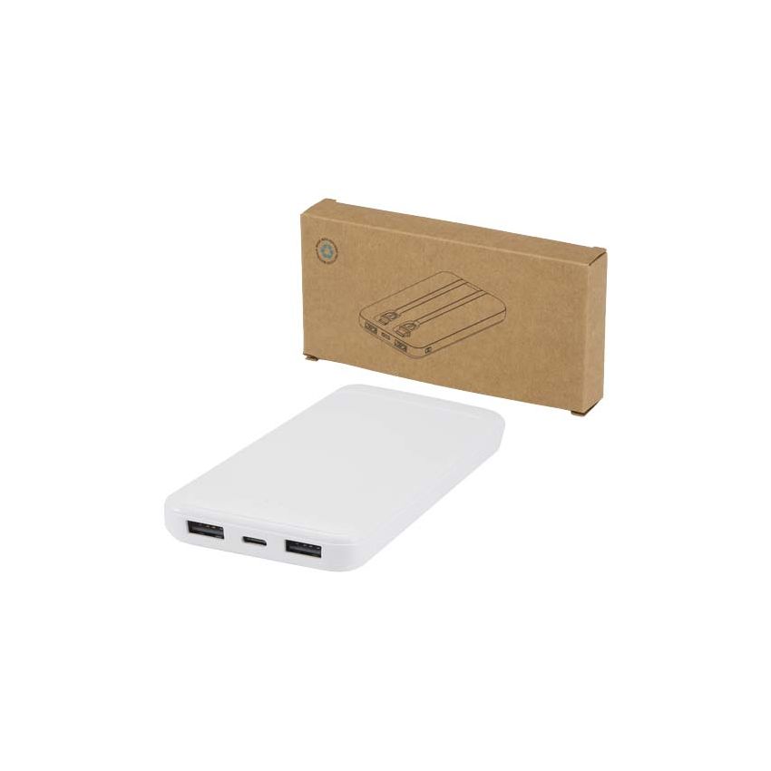 10,000 mAh and 10 W recycled plastic power bank with 2 integrated cables 
