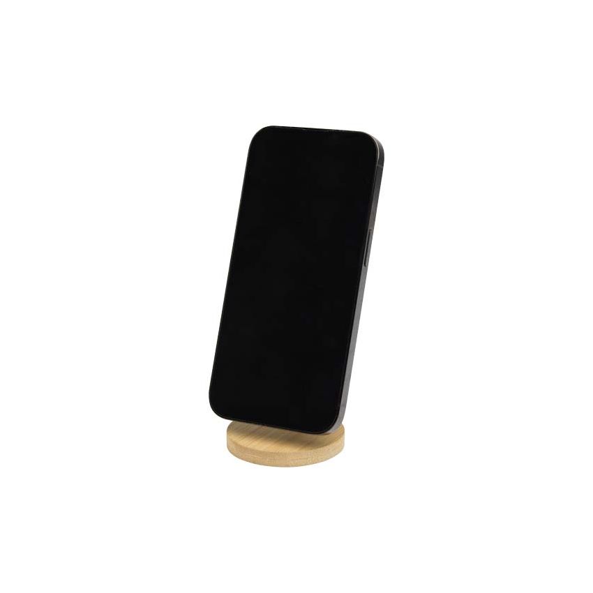 Foldable magnetic phone holder made from recycled plastic with bamboo details 