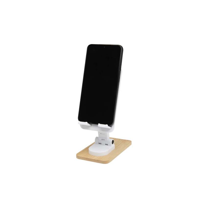 Foldable mobile phone holder for desk made from recycled plastic with bamboo details 