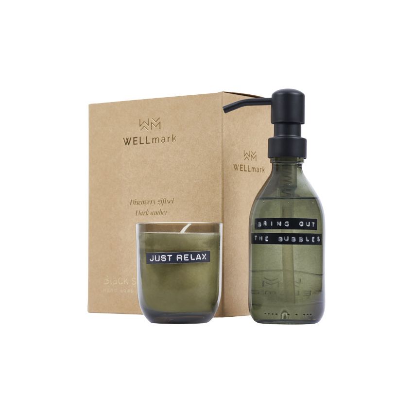 Wellmark Discovery set of soap dishes and scented candles 200 ml and 150 g – dark amber fragrance