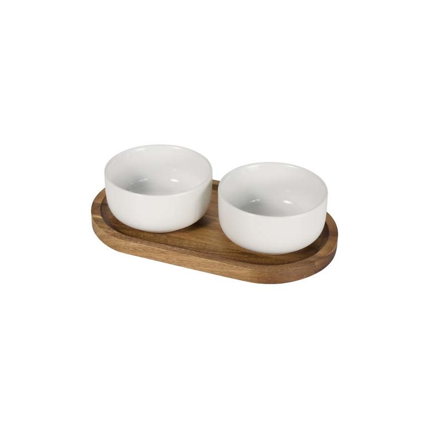Set of wooden tray and ceramic bowls 