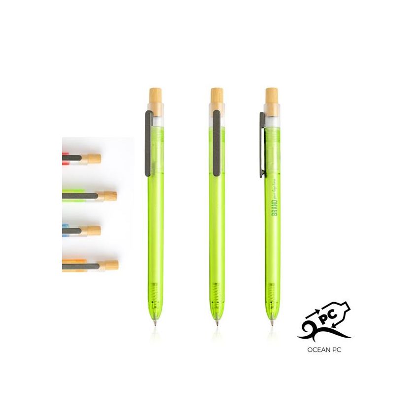 OPC Translucid Ballpoint Pen in Ocean Recycled PC, Translucent, Bamboo Detail