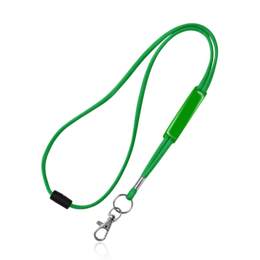 Tubular polyester ribbon lanyard with PVC adjuster, safety breakaway and metal hook.