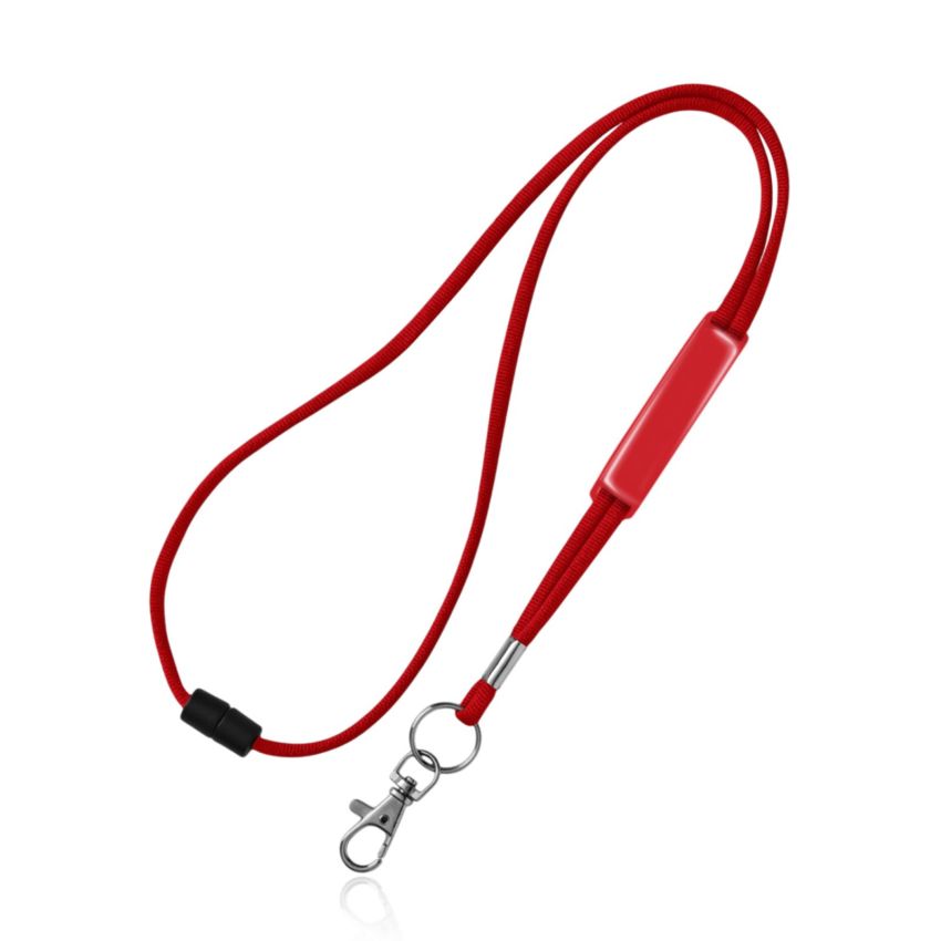 Tubular polyester ribbon lanyard with PVC adjuster, safety breakaway and metal hook.