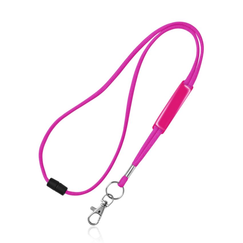 Tubular polyester ribbon lanyard with PVC adjuster, safety breakaway and metal hook.