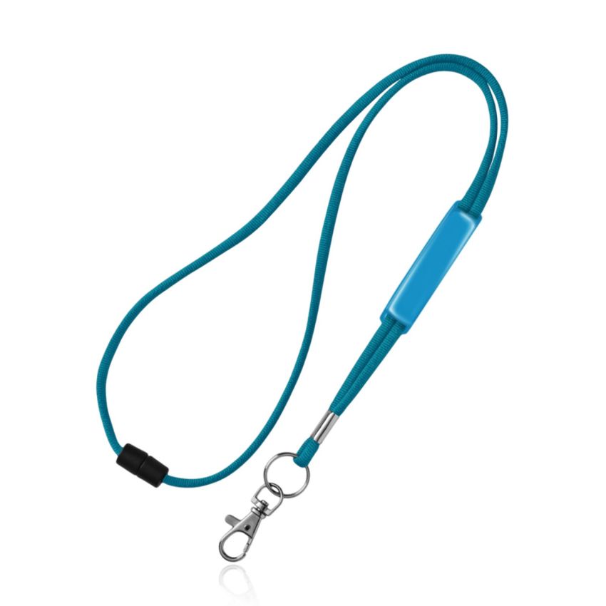 Tubular polyester ribbon lanyard with PVC adjuster, safety breakaway and metal hook.