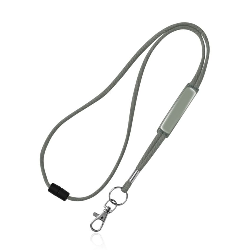 Tubular polyester ribbon lanyard with PVC adjuster, safety breakaway and metal hook.