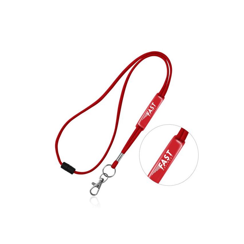 Tubular polyester ribbon lanyard with PVC adjuster, safety breakaway and metal hook.