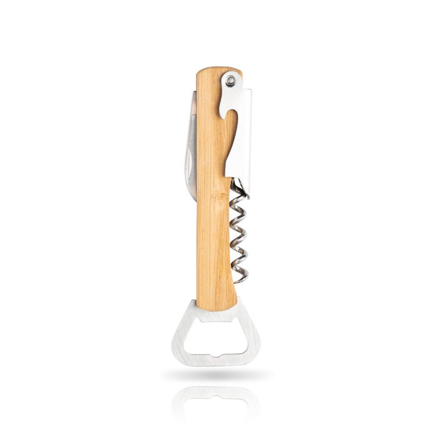 Bamboo Opknife Corkscrew in bamboo and stainless steel, with bottle opener and pocket knife