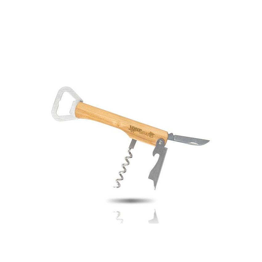 Bamboo Opknife Corkscrew in bamboo and stainless steel, with bottle opener and pocket knife