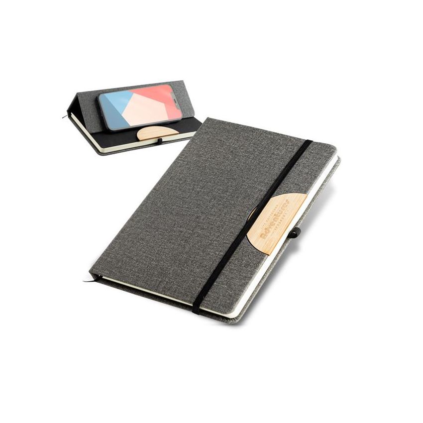 Holderbook A5 Linen Notepad, with bamboo mobile phone stand detail