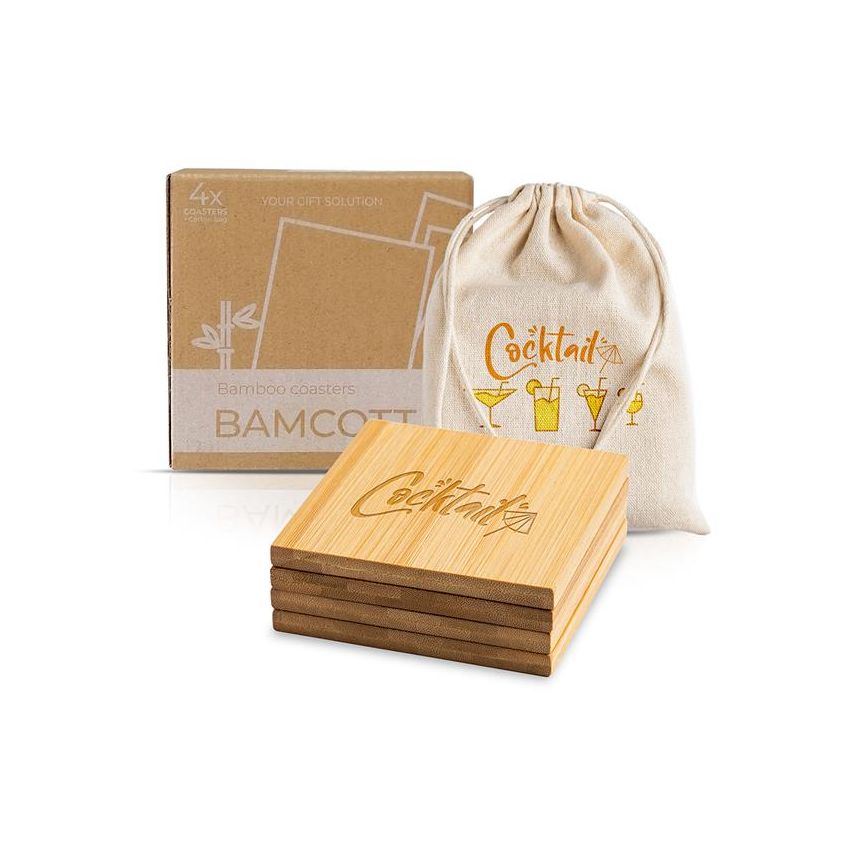 Bamcott Set of 4 Bamboo Coasters with Cotton Pouch