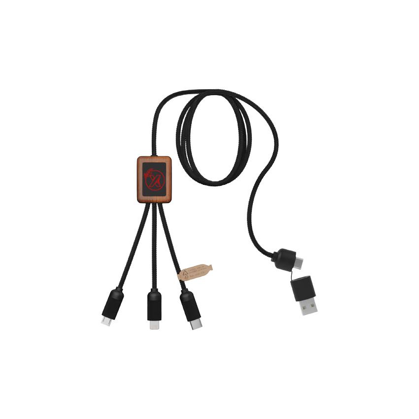 40W luminous logo RPET 5-in-1 charging cable with a square wooden box 