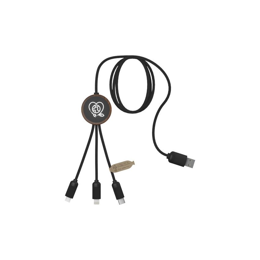 3-in-1 illuminated logo charging cable made from RPET with round bamboo case 