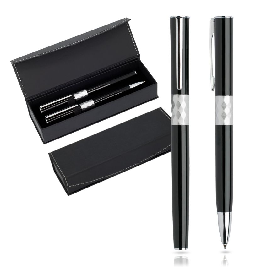 Crystal Set of Ballpoint and Rollerball Pens in Metal, Gift Box