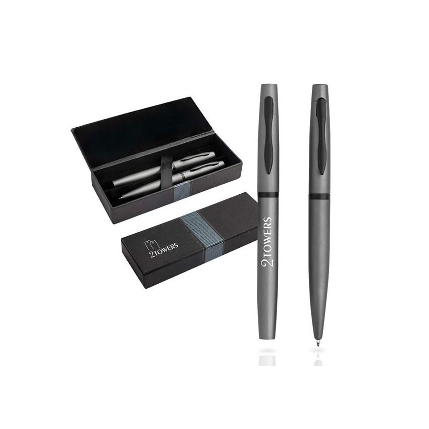 Mety Set of Ballpoint and Rollerball Pens in Metal, Gift Box