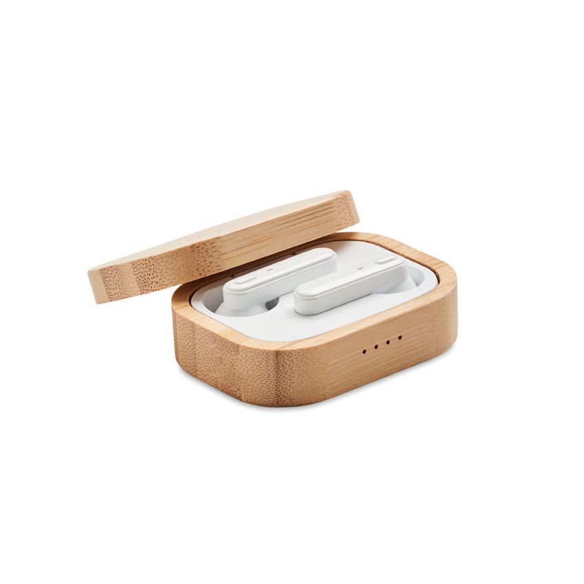 TWS earphones in bamboo case