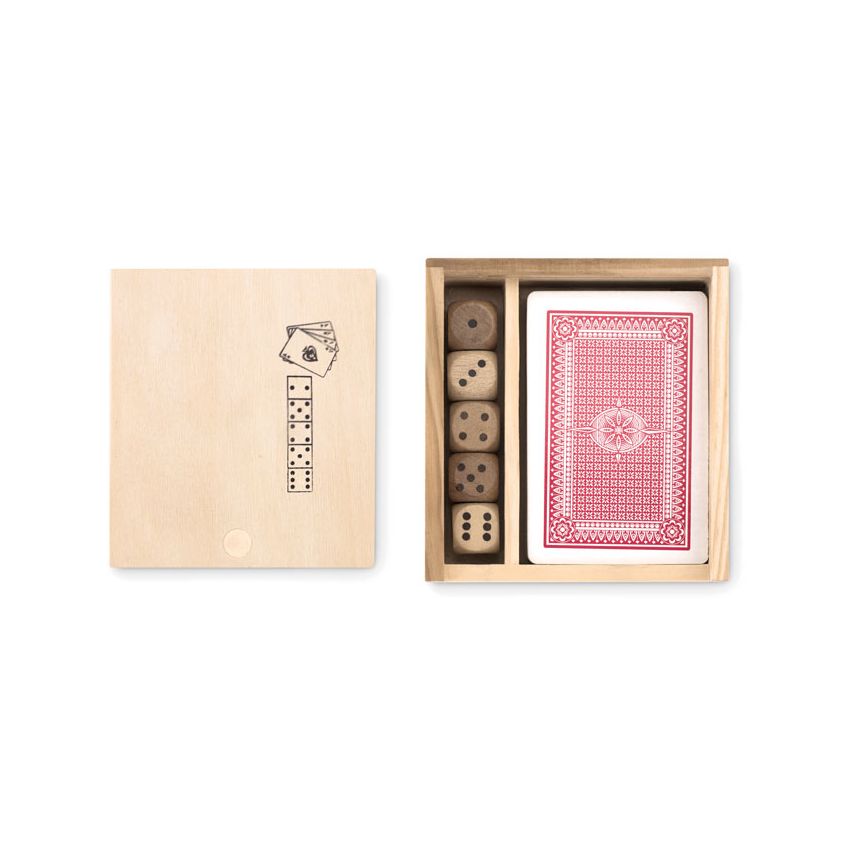 Set of cards and dice in a box